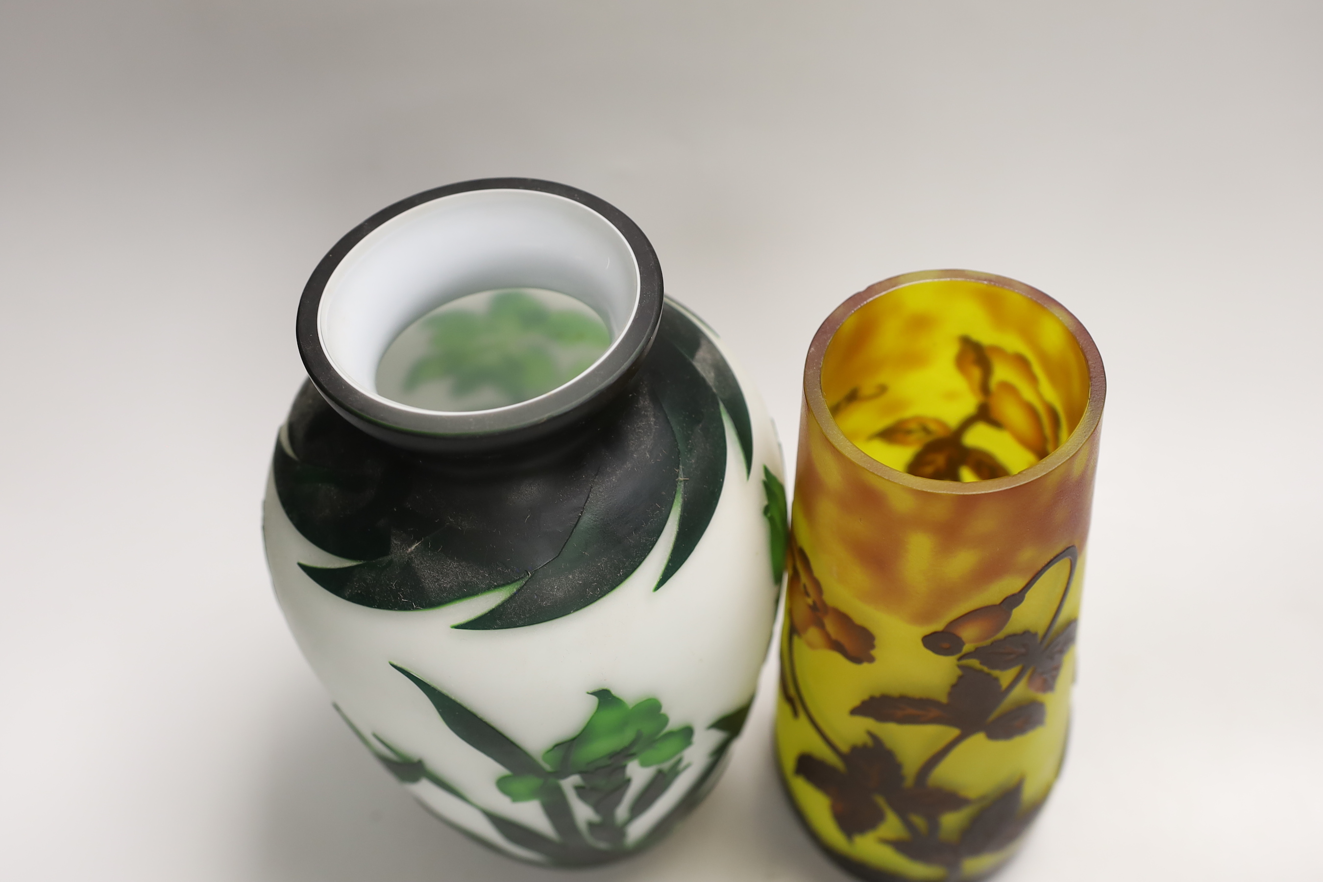 Two cameo glass vases, both bearing Gallé signatures, tallest 25cm